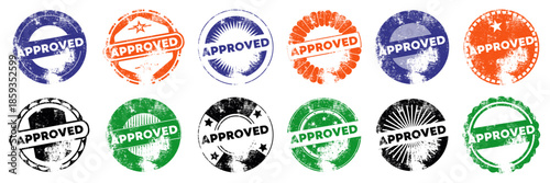 Approved stamps collection with grunge texture style. Vintage rubber seals for validation and quality marks