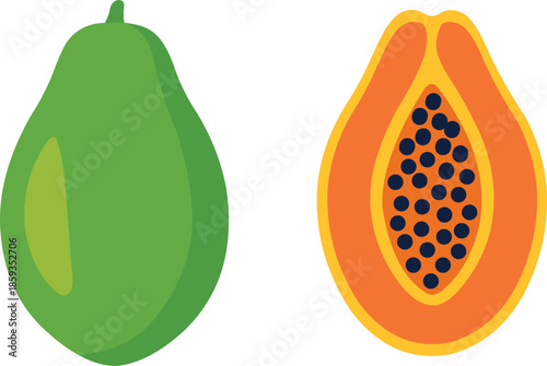 Fresh green avocado and ripe papaya fruit illustration