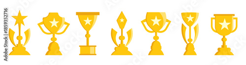 Golden trophy icons collection with award cup variations. Celebration symbols for victory success and achievement