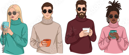 Diverse group of young stylish people wearing warm turtleneck sweaters and sunglasses holding coffee mugs for winter autumn lifestyle concept,