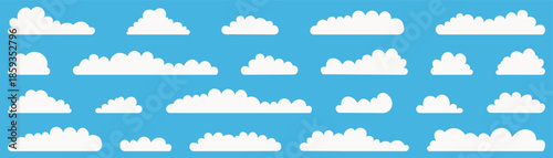 Flat cloud shapes collection on blue background. Simple sky elements for weather design and backgrounds