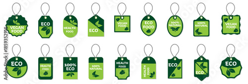 Eco food hanging tags with leaf symbols and green colors. Organic product labels for vegan and natural packaging