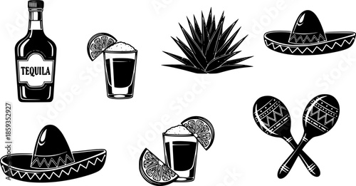 Tequila monochrome vintage icon set