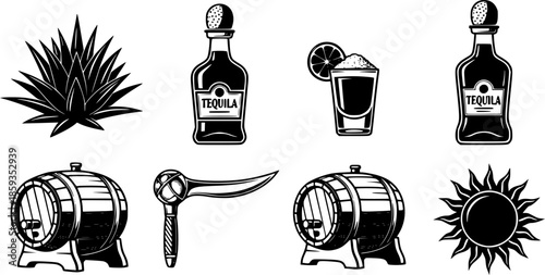 Tequila monochrome vintage icon set