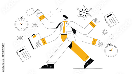 A busy multitasking businessman in a yellow and white suit juggling multiple tasks with clocks and documents around him in a chaotic yet dynamic