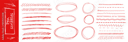 Red pen artwork combining round circle underline sketches with doodle arrow forms produced as vector set kit bundle crafted to highlight text through energetic scribble oval line design.