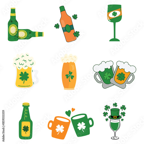 St. Patrick's Day Green Beer Icons Set. Flat Vector Illustration of Alcohol Bottles, Mugs and Toasting Glasses for Pub Menu or Party Flyer.