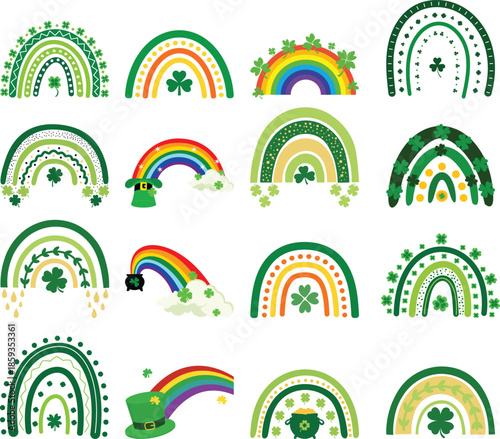 St. Patrick's Day Boho Rainbow Collection. Vector Set of Lucky Arcs with Shamrocks, Pot of Gold and Clouds for Nursery Wall Art.