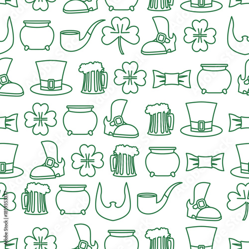 St. Patrick's Day Outline Seamless Pattern. Vector Line Art Background with Hat, Beer, Pipe and Clover Icons for Coloring or Wrapping.