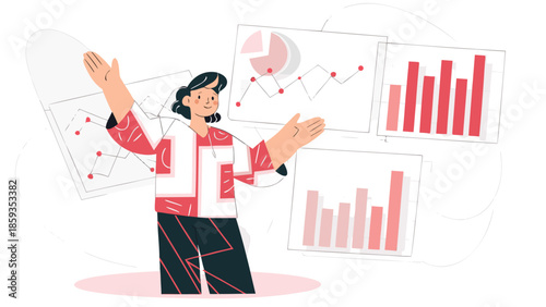 Woman analyzing data visualization charts and graphs in a modern infographic style illustration