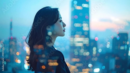 都市の光と共に描かれるビジネス女性の内面を表した幻想的グラフィック