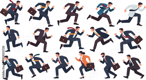 Businesspeople running illustration, corporate rush, office urgency, deadline pressure, fast paced work, professional attire, career hustle, productivity, workplace speed