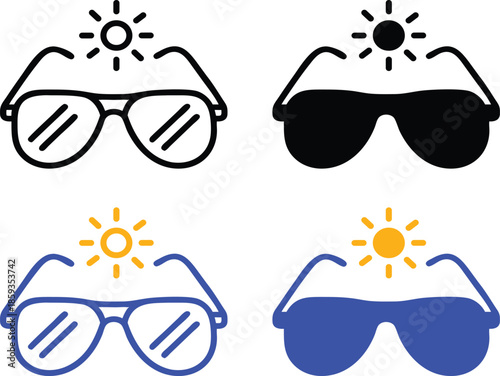 Collection of stylish aviator sunglasses with sun symbols in outline solid and colorful variations for summer vacation and travel themes Vector Silhouette, Pictogram and Line Icon Set.eps