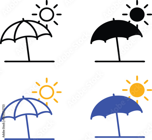 Beach Umbrella Sun Protection Pump Bottle Lotion and Hand Cream Skincare Summer Vacation UV Rays Wellness Cosmetic Beauty Treatment Icons Vector Silhouette, Pictogram and Line Icon Set.eps