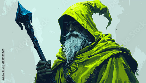 Mystical Wizard with Staff in Green Robes Casting a Spell.