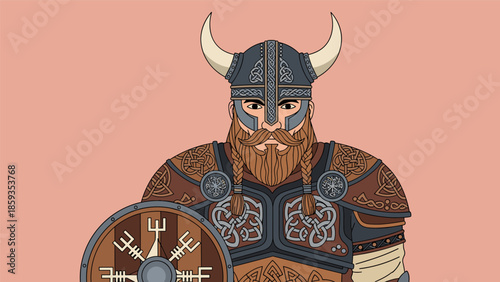 Viking Warrior Illustration with Horned Helmet and Shield.