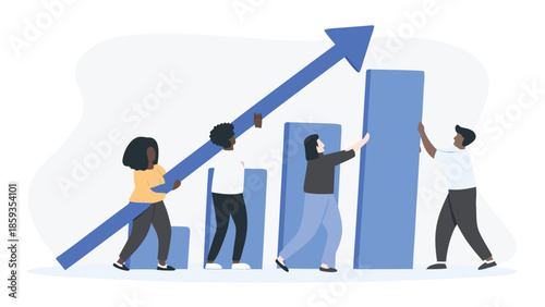 Diverse team working together to push upward trending graph arrow, teamwork and growth concept illustration