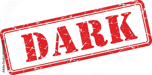 A detailed view of a red rectangular stamp with the word dark prominently displayed in bold white lettering
