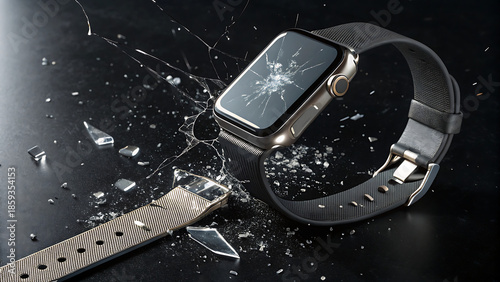 Shattered Smartwatch with Exploding Glass on Black Background