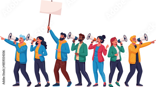 Protest illustration, group demonstration, people with megaphones, activism artwork, social movement, collective action, advocacy concept, public voice, community engagement