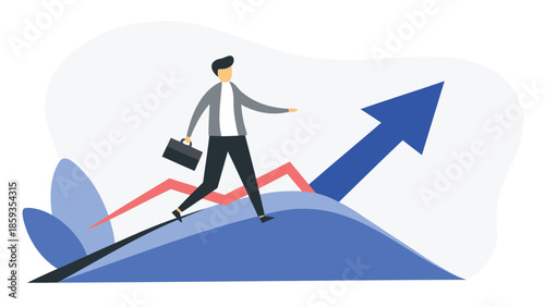 Businessman walking on blue graph with rising arrow, success and progress illustration, flat design style