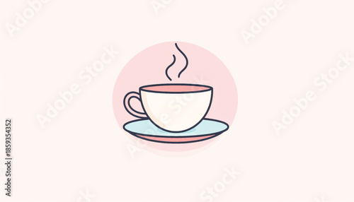 A steaming cup of tea or coffee illustration with a pink background.