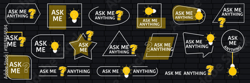 Ask me anything speech bubbles collection with question icons. Interactive chat labels