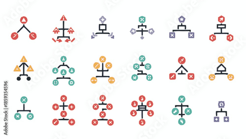 Collection of diverse organizational chart icons representing hierarchy and connections.