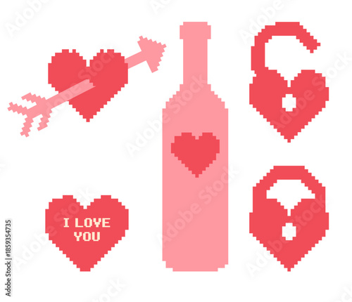 Pixel art valentine icons set with hearts, arrow, bottle message and love symbols. Retro 8 bit style romantic graphics for cards, games, stickers and holiday design.
