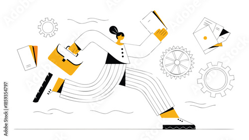 Businessman running with briefcase and papers, illustration of efficiency and productivity in office work, dynamic movement and workflow