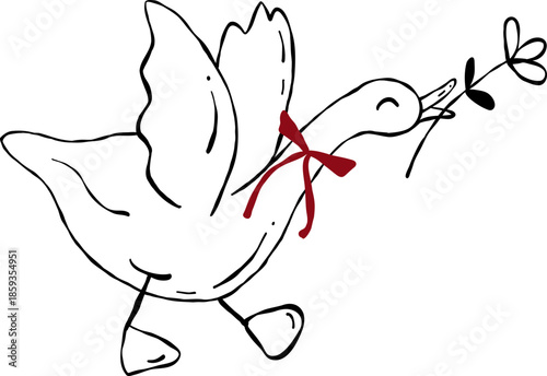 Cute goose valentine hand drawn, Coquette Valentine goose cartoon, Whimsical silly goose valentine with Flower Illustration