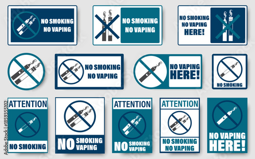 No smoking and no vaping warning sign collection. Prohibition notices with cigarette and vape icons