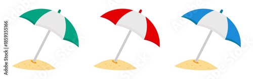 Beach umbrellas set with colorful canopies on sand. Summer seaside elements for vacation and travel