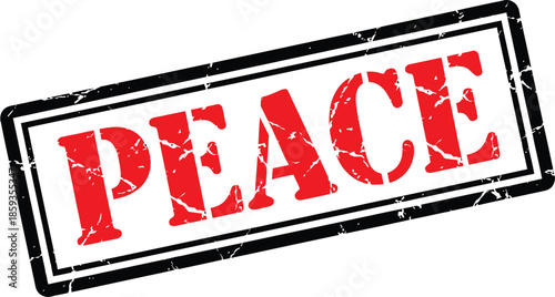 A striking visual of the word peace boldly stamped in red within a rectangular black frame conveying a powerful message
