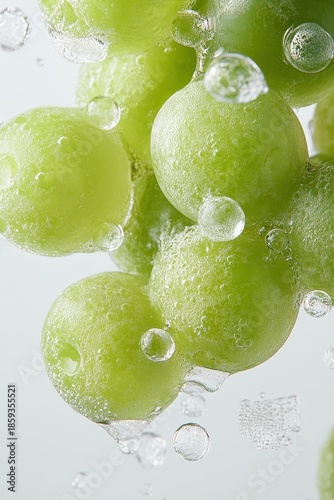 Bright green spheres with water bubbles and splashes against a clean bright background, symbolizing clean energy and pure elements.