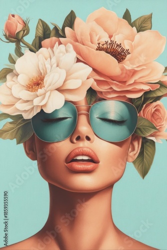 Woman with closed eyes wearing large blue sunglasses and a floral crown of soft pink and white flowers against a textured blue background.