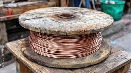 Wallpaper Mural Copper wire spool on weathered wooden stand Torontodigital.ca