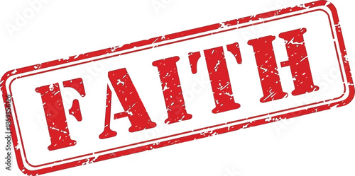 A striking red stamp displaying the word faith in bold uppercase letters against a white background