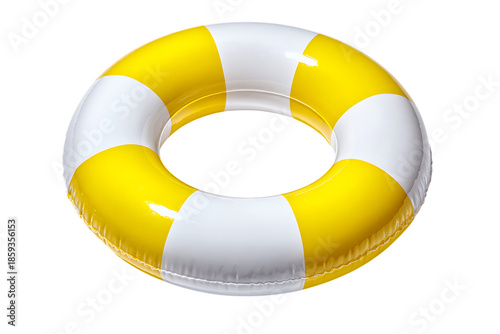 Yellow and white striped inflatable pool ring.