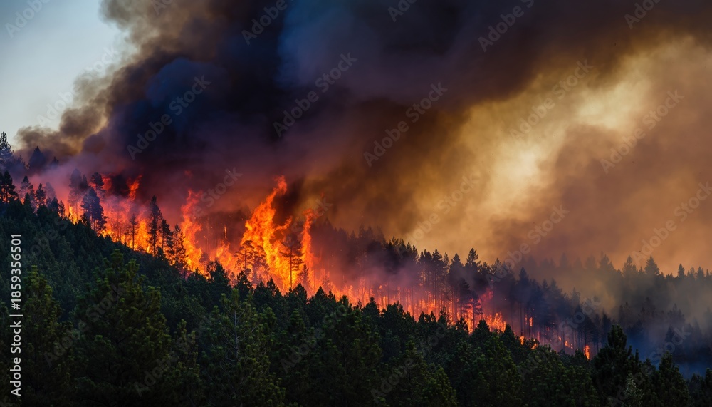 Fototapeta premium A massive forest fire with towering orange flames and thick dark smoke engulfing the trees