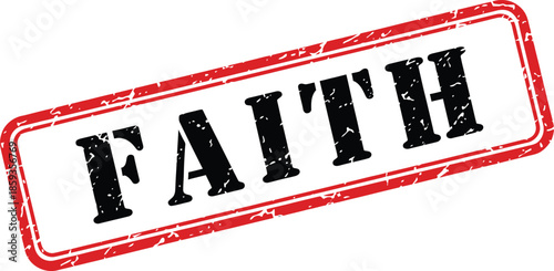 A striking rectangular stamp boldly displays the word faith in a large black distressed font on a white background
