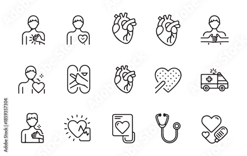 Medical icons depicting heart health, patient care, and emergency services, emphasizing cardiovascular well-being