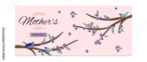 Trendy Mother's Day card, banner, poster, flyer, label or cover with flowers and birds, abstract floral pattern in art style. Vector vertical banner