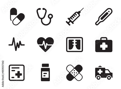 Set of medical icons for healthcare and hospital services plus emergency symbols and doctor tools