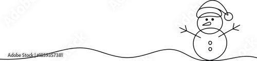 A whimsical continuous line drawing portrays a snowman wearing a Santa hat with round eyes and buttons