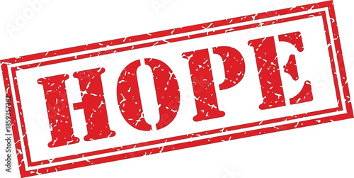 A striking red stamp with the word hope boldly displayed within a rectangular border is shown