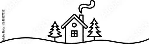 Cozy simple outline illustration of a house with smoke rising from its chimney among pine trees