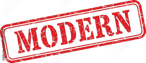 A distressed red rectangular stamp with the word modern prominently displayed in bold serif typeface is shown