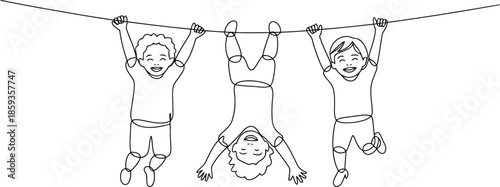 Three cheerful children are happily hanging from a straight line in a playful outdoor moment
