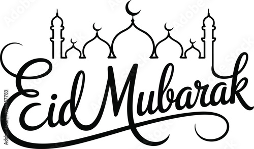 Traditional Eid Mubarak message in elegant black calligraphy featuring mosque minarets and moon crescents